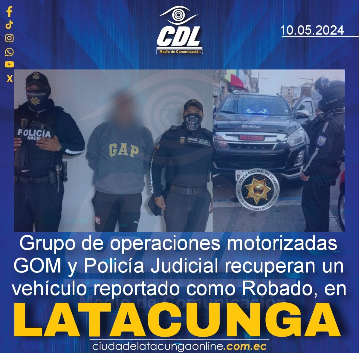 Grupo de operaciones motorizadas GOM y Policía Judicial recuperan un vehículo reportado como Robado en Latacunga