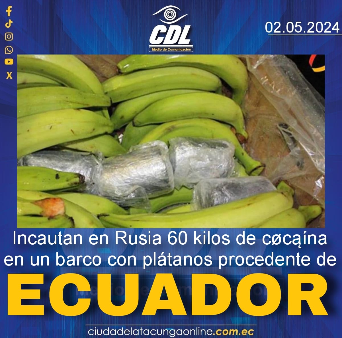 Incautan en Rusia 60 kilos de cøcąína en un barco con plátanos procedente de Ecuador