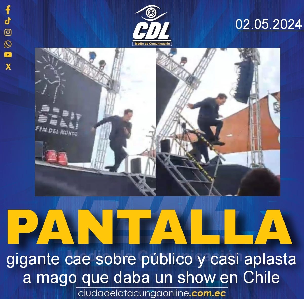 Pantalla gigante cae sobre público y casi aplasta a mago que daba un show en Chile