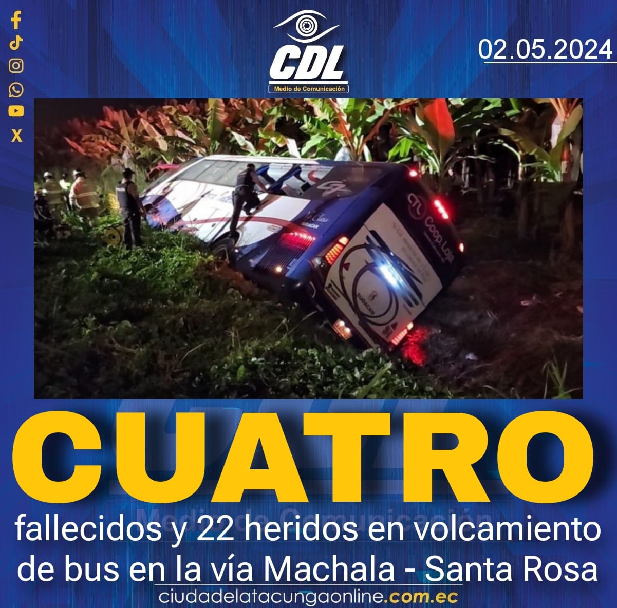 Cuatro fallecidos y 22 heridos en volcamiento de bus en la vía Machala – Santa Rosa