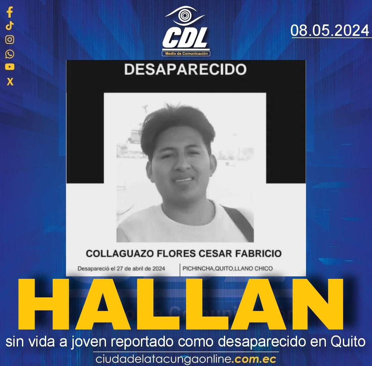 Hallan sin vida a joven reportado como desaparecido en Quito