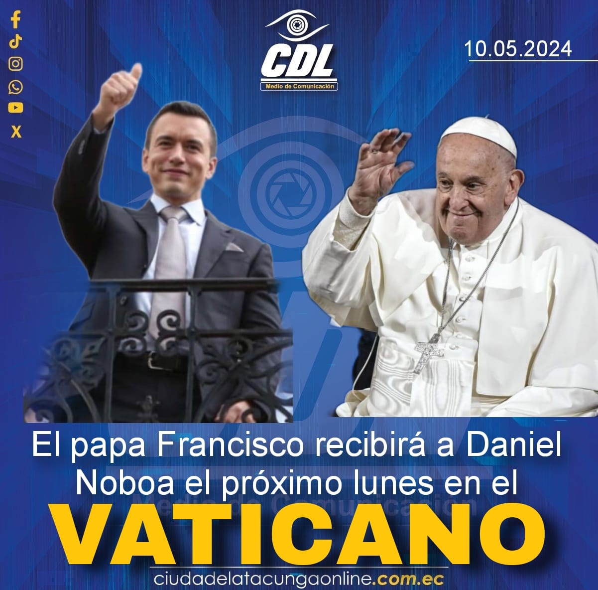 El papa Francisco recibirá a Daniel Noboa el próximo lunes en el Vaticano