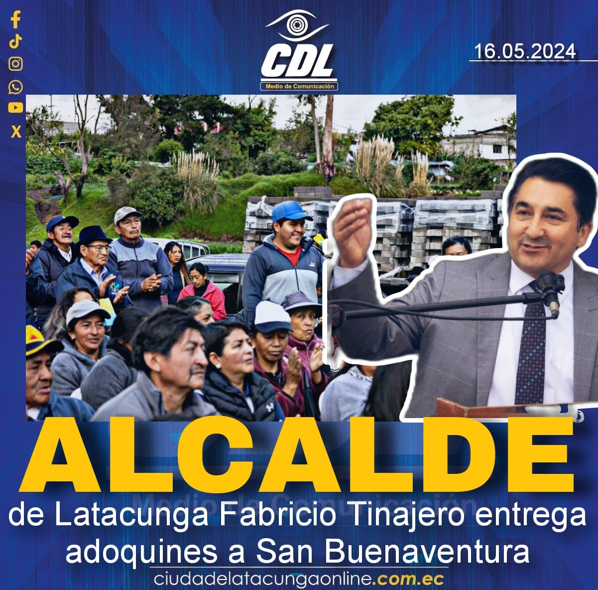 Alcalde de Latacunga Fabricio Tinajero entrega adoquines a San Buenaventura