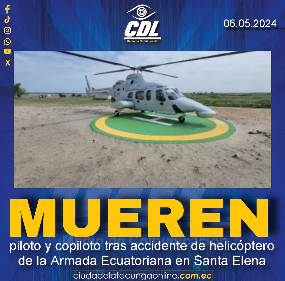 Mueren piloto y copiloto tras accidente de helicóptero de la Armada Ecuatoriana en Santa Elena