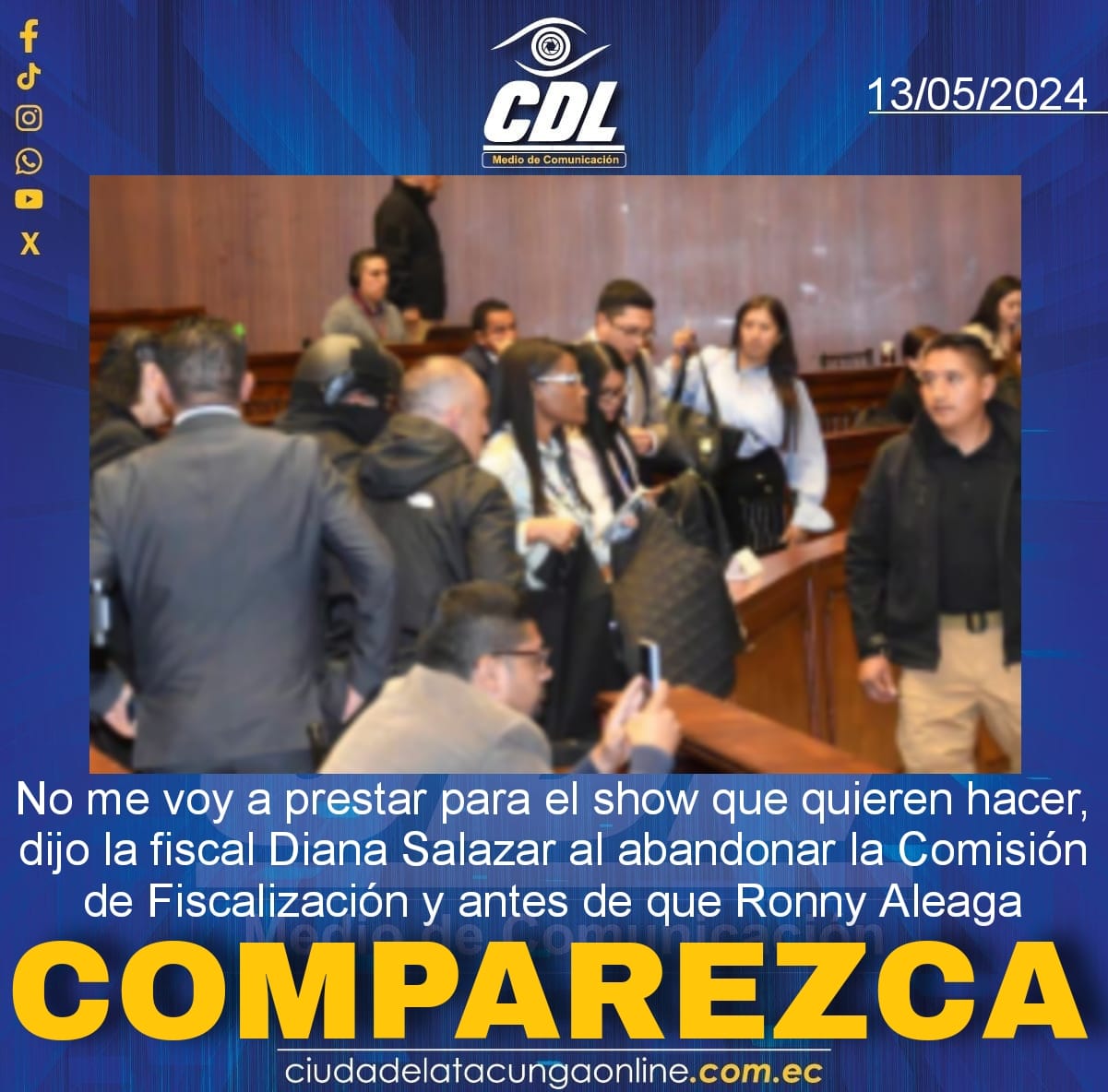 No me voy a prestar para el show que quieren hacer, dijo la fiscal Diana Salazar al abandonar la Comisión de Fiscalización y antes de que Ronny Aleaga comparezca