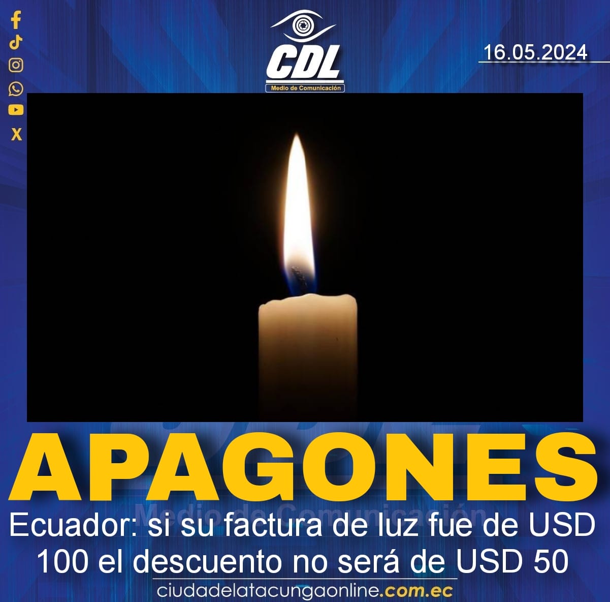 Apagones Ecuador: si su factura de luz fue de USD 100 el descuento no será de USD 50