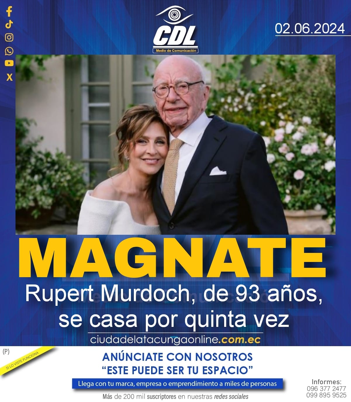 El magnate Rupert Murdoch, de 93 años, se casa por quinta vez