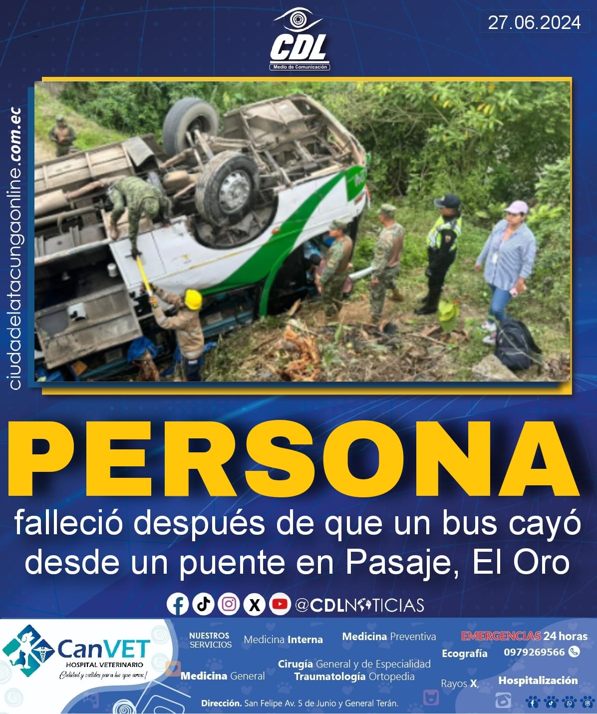 Una persona falleció después de que un bus cayó desde un puente en Pasaje, El Oro