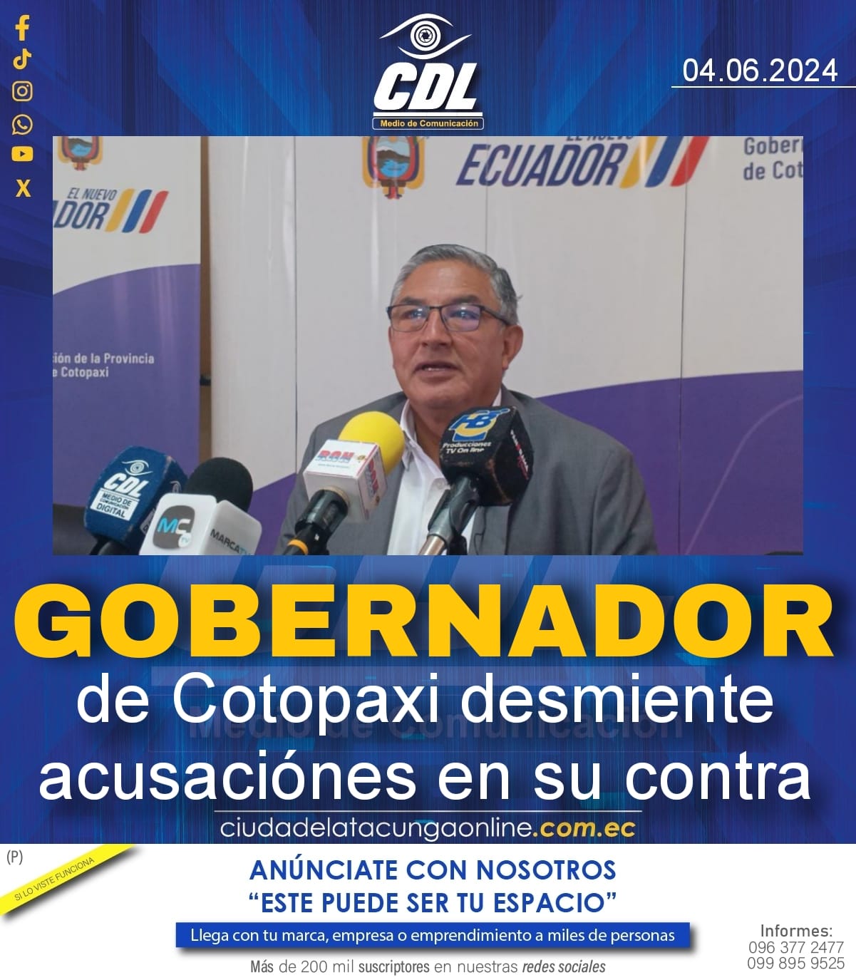 Gobernador de Cotopaxi desmiente acusaciones en su contra