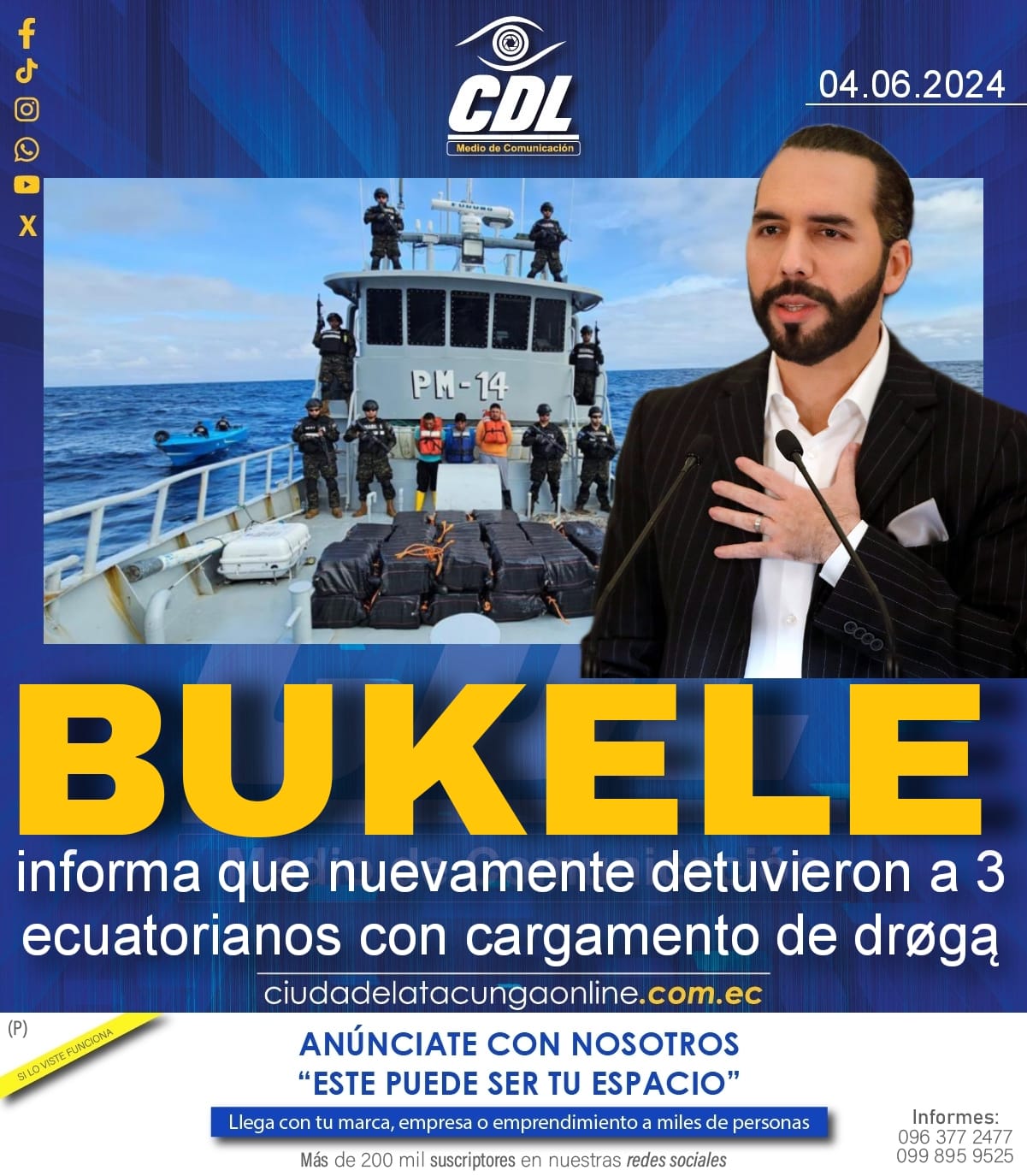 Bukele informa que nuevamente detuvieron a 3 ecuatorianos con cargamento de drøgą