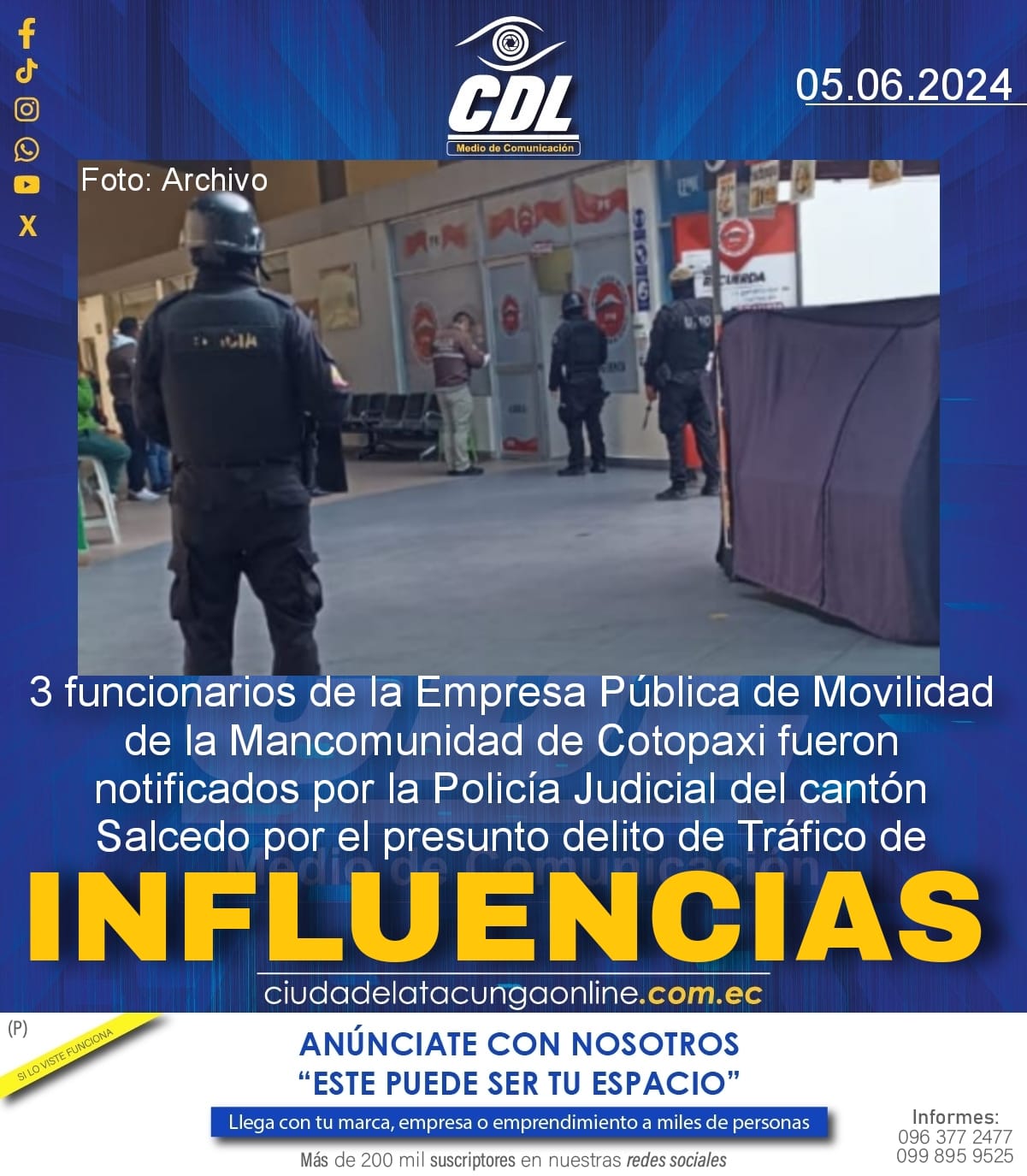 Tres funcionarios de la Empresa Pública de Movilidad de la Mancomunidad de Cotopaxi fueron notificados por la Policía Judicial del cantón Salcedo por el Presunto delito de Tráfico de Influencias