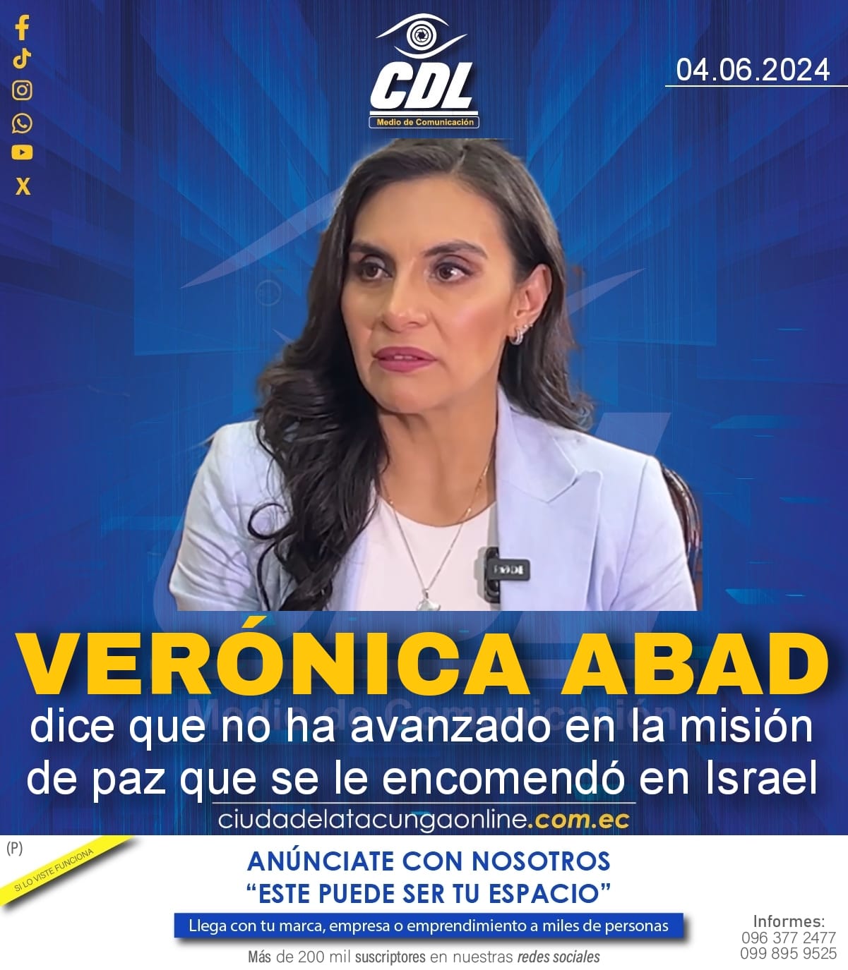 Verónica Abad dice que no ha avanzado en la misión de paz que se le encomendó en Israel