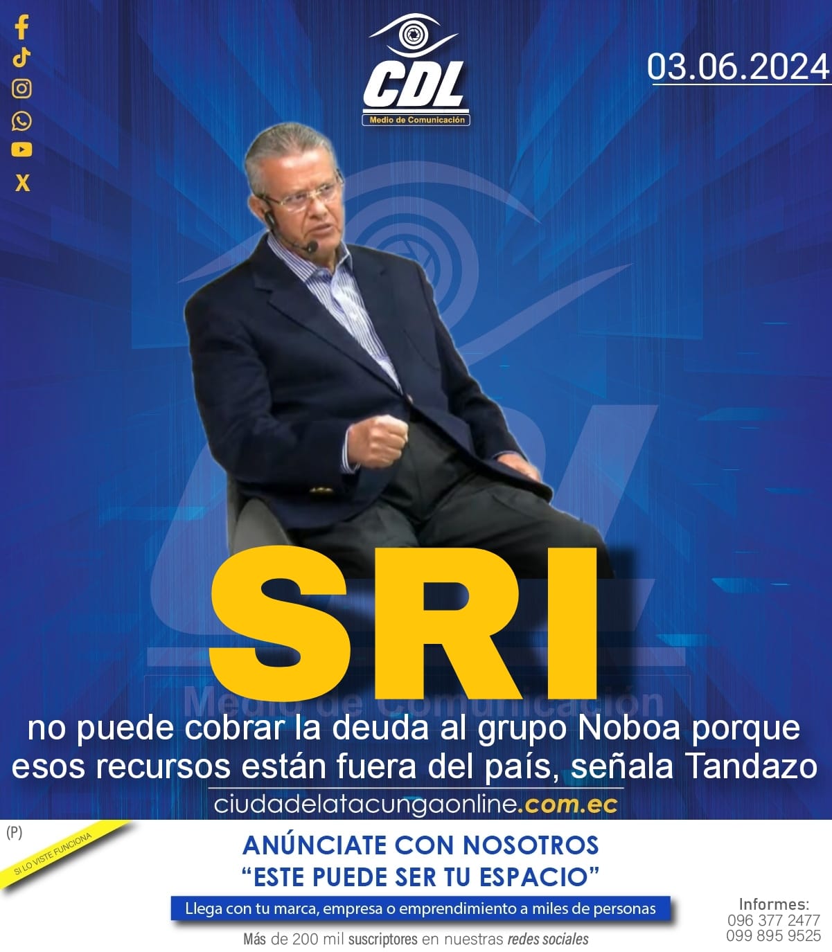 SRI no puede cobrar la deuda al grupo Noboa porque esos recursos están fuera del país, señala Tandazo