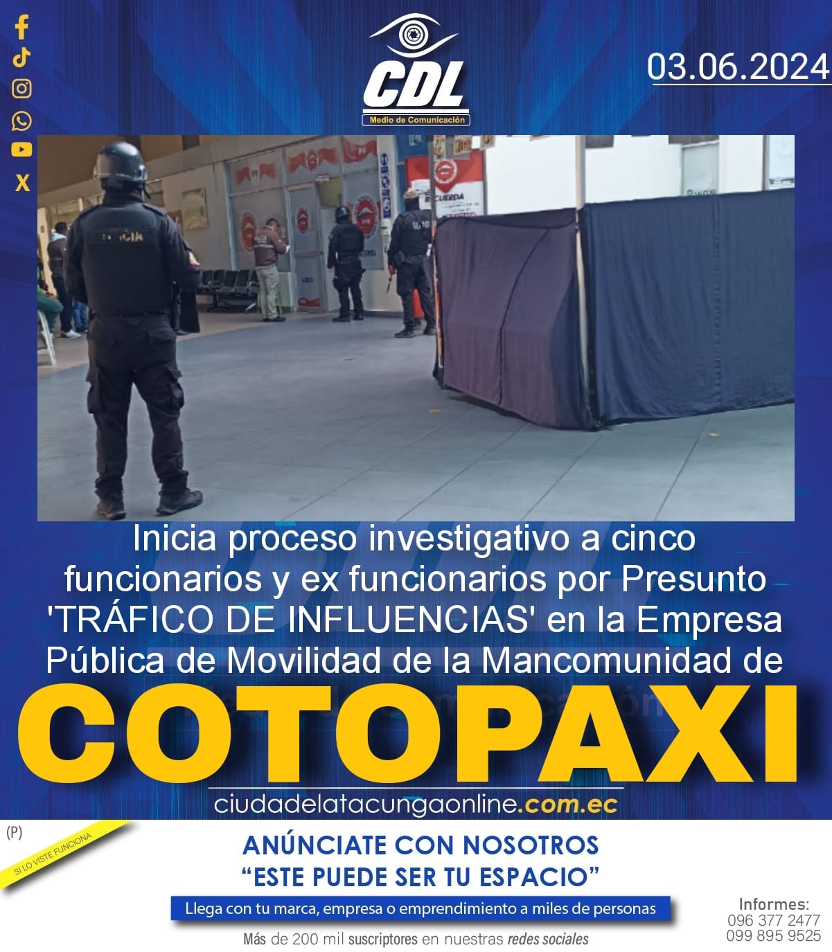 Inicia proceso investigativo a cinco funcionarios y ex funcionarios por «Presunto TRÁFICO DE INFLUENCIAS en la Empresa Pública de Movilidad de la Mancomunidad de Cotopaxi»