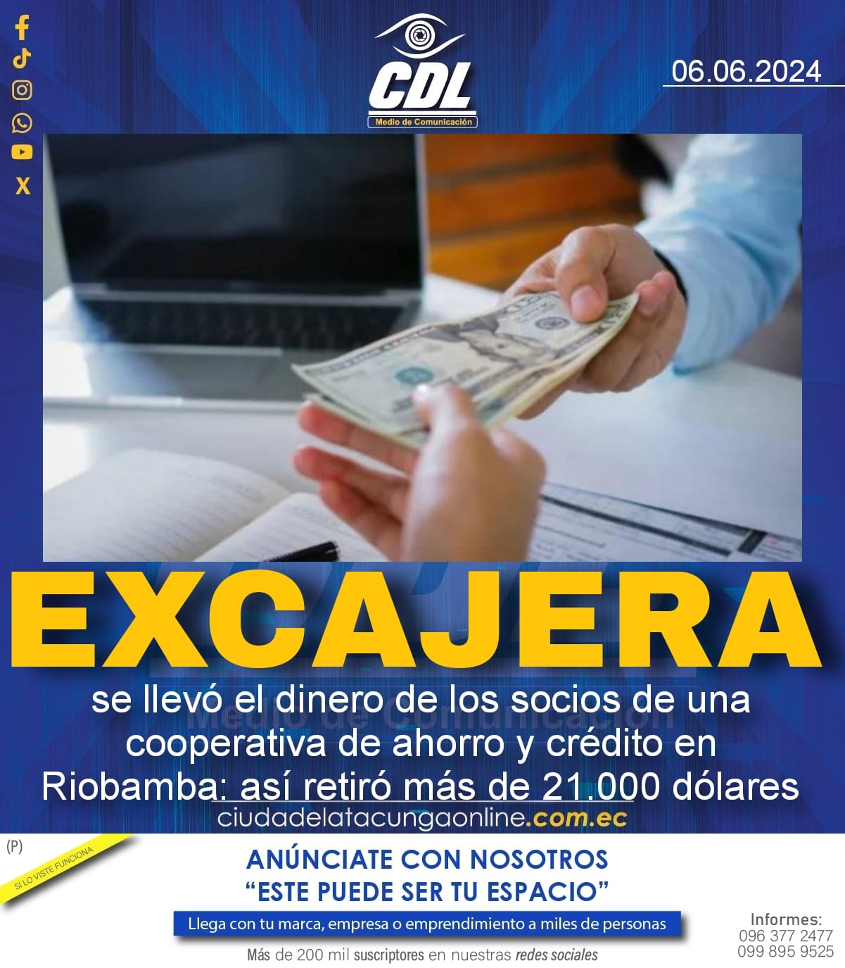 Excajera se llevó el dinero de los socios de una cooperativa de ahorro y crédito en Riobamba: así retiró más de 21.000 dólares