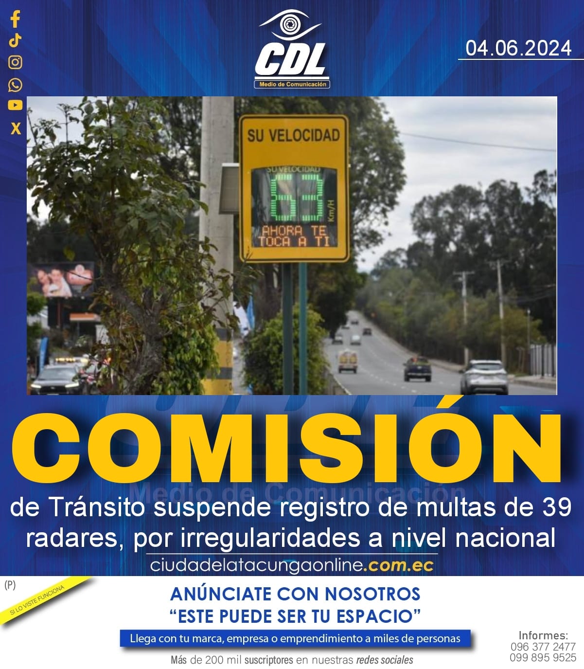 Comisión de Tránsito suspende registro de multas de 39 radares, por irregularidades a nivel nacional