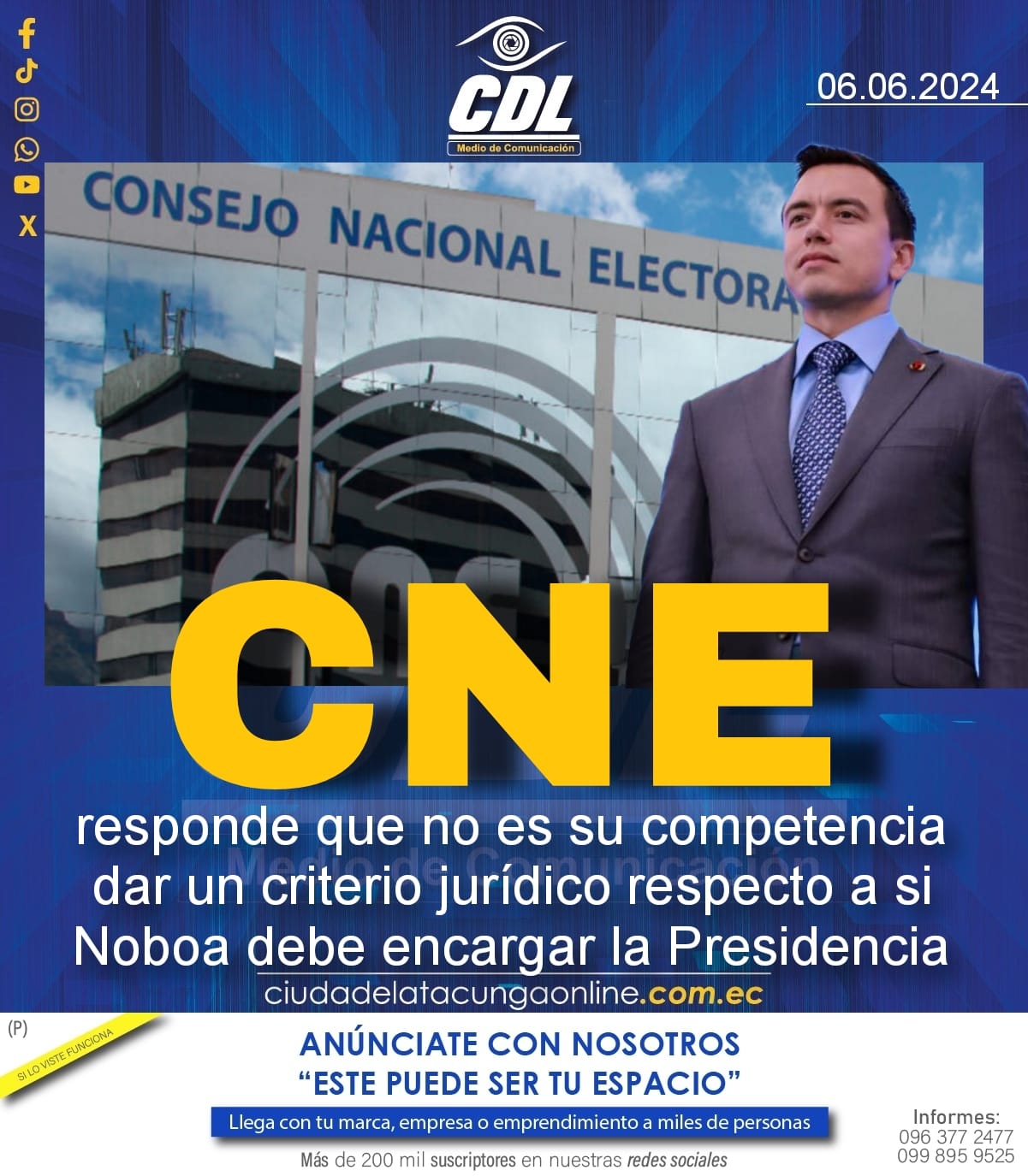 El CNE responde que no es su competencia dar un criterio jurídico respecto a si Noboa debe encargar la Presidencia