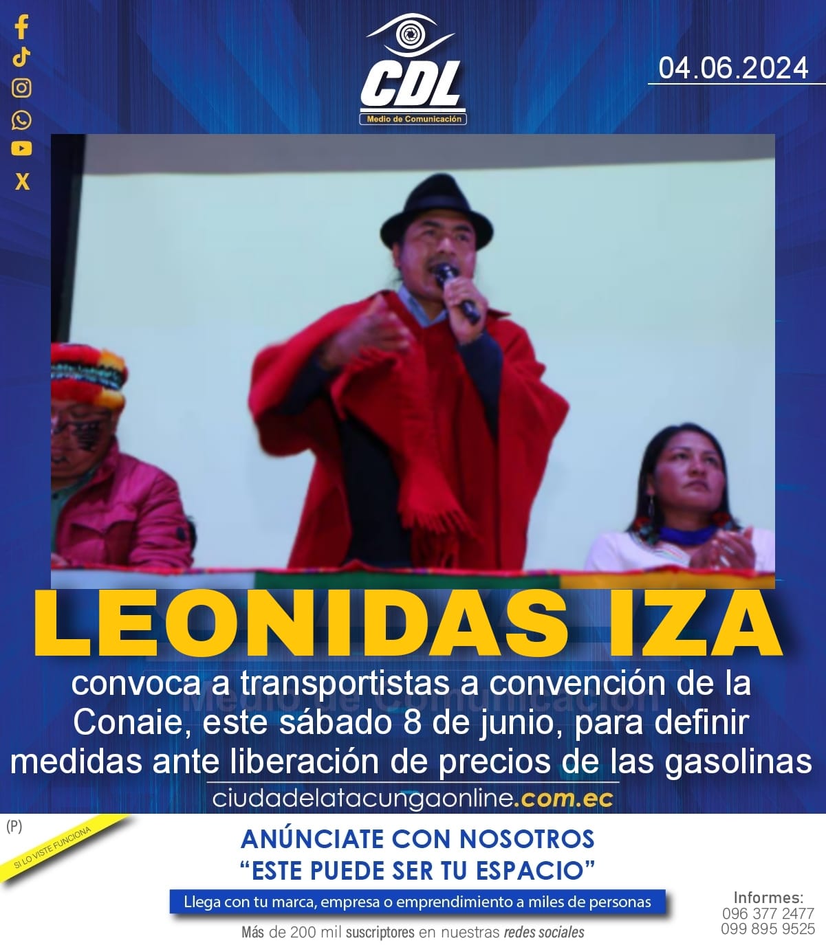 Leonidas Iza convoca a transportistas a convención de la Conaie, este sábado 8 de junio, para definir medidas ante liberación de precios de las gasolinas