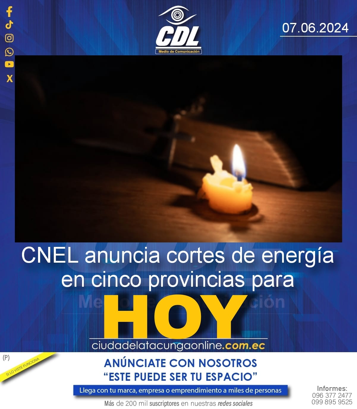 CNEL anuncia cortes de energía en cinco provincias para hoy