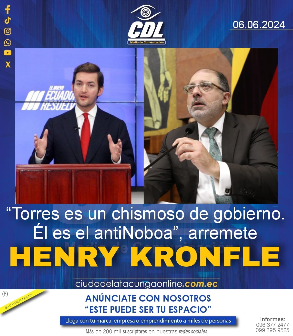 “Torres es un chismoso de gobierno. Él es el antiNoboa”, arremete Henry Kronfle
