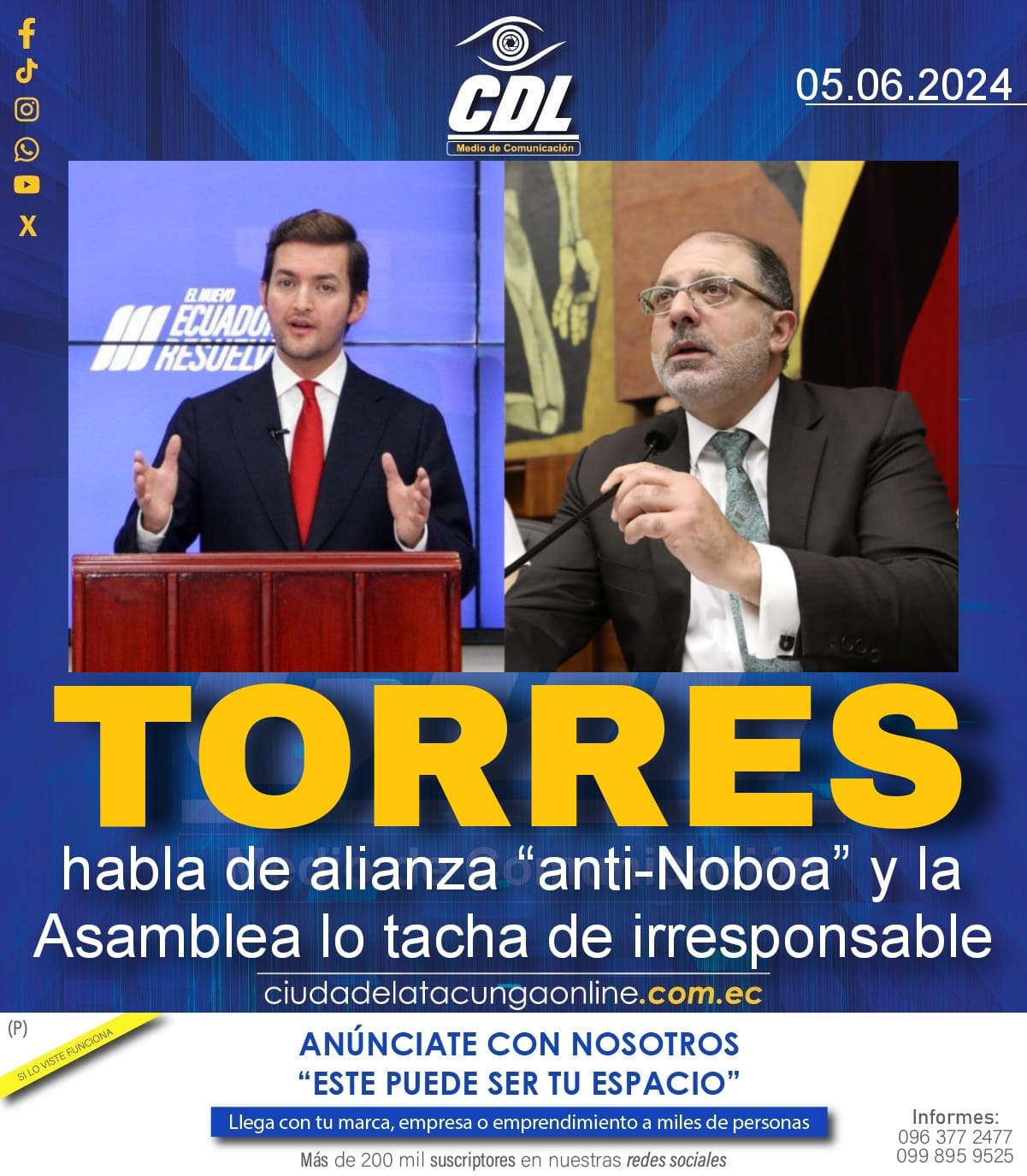 Torres habla de alianza “anti-Noboa” y la Asamblea lo tacha de irresponsable