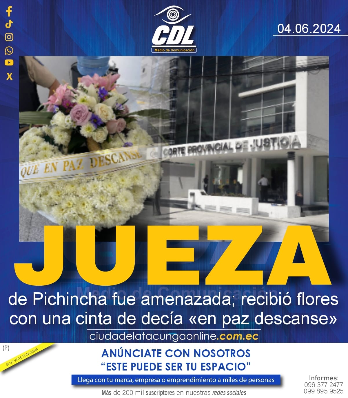 Jueza de Pichincha fue amenazada; recibió flores con una cinta de decía «en paz descanse»