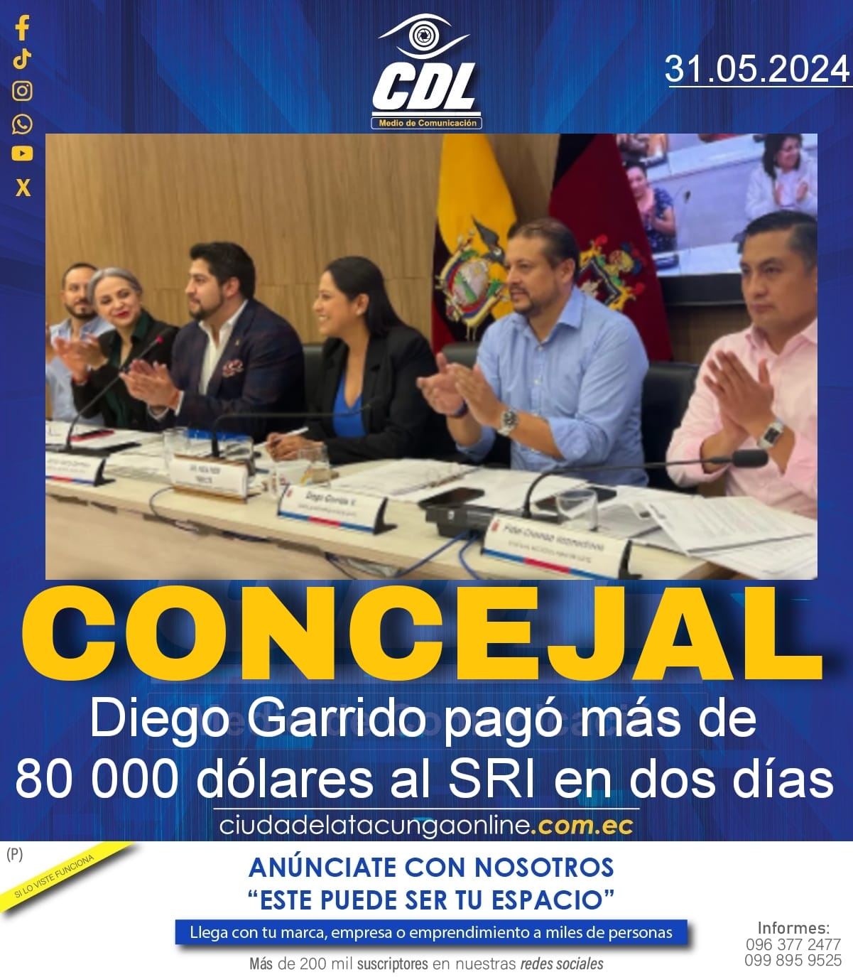 Concejal Diego Garrido pagó más de 80 000 dólares al SRI en dos días