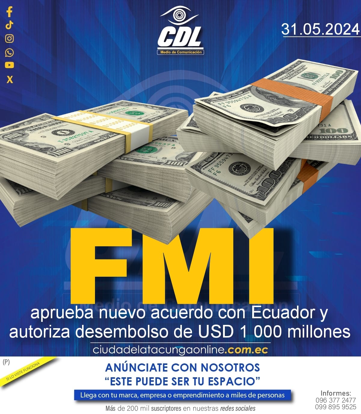 FMI aprueba nuevo acuerdo con Ecuador y autoriza desembolso de USD 1 000 millones