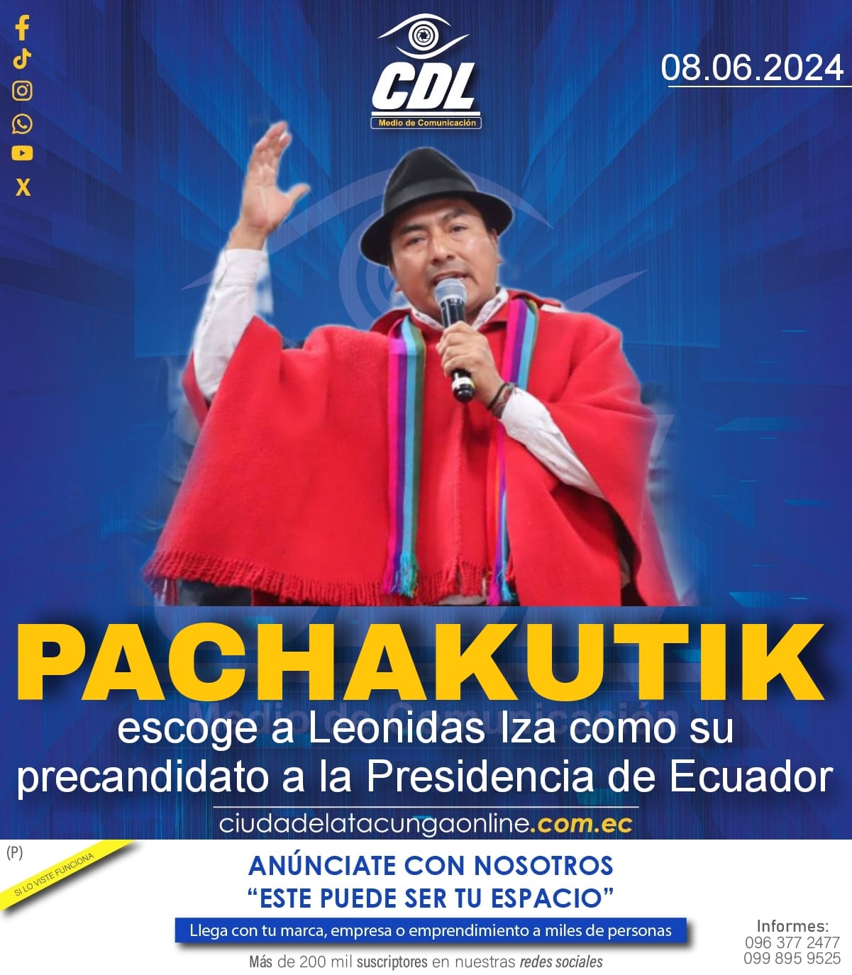 Elecciones 2025 | Pachakutik escoge a Leonidas Iza como su precandidato a la Presidencia de Ecuador