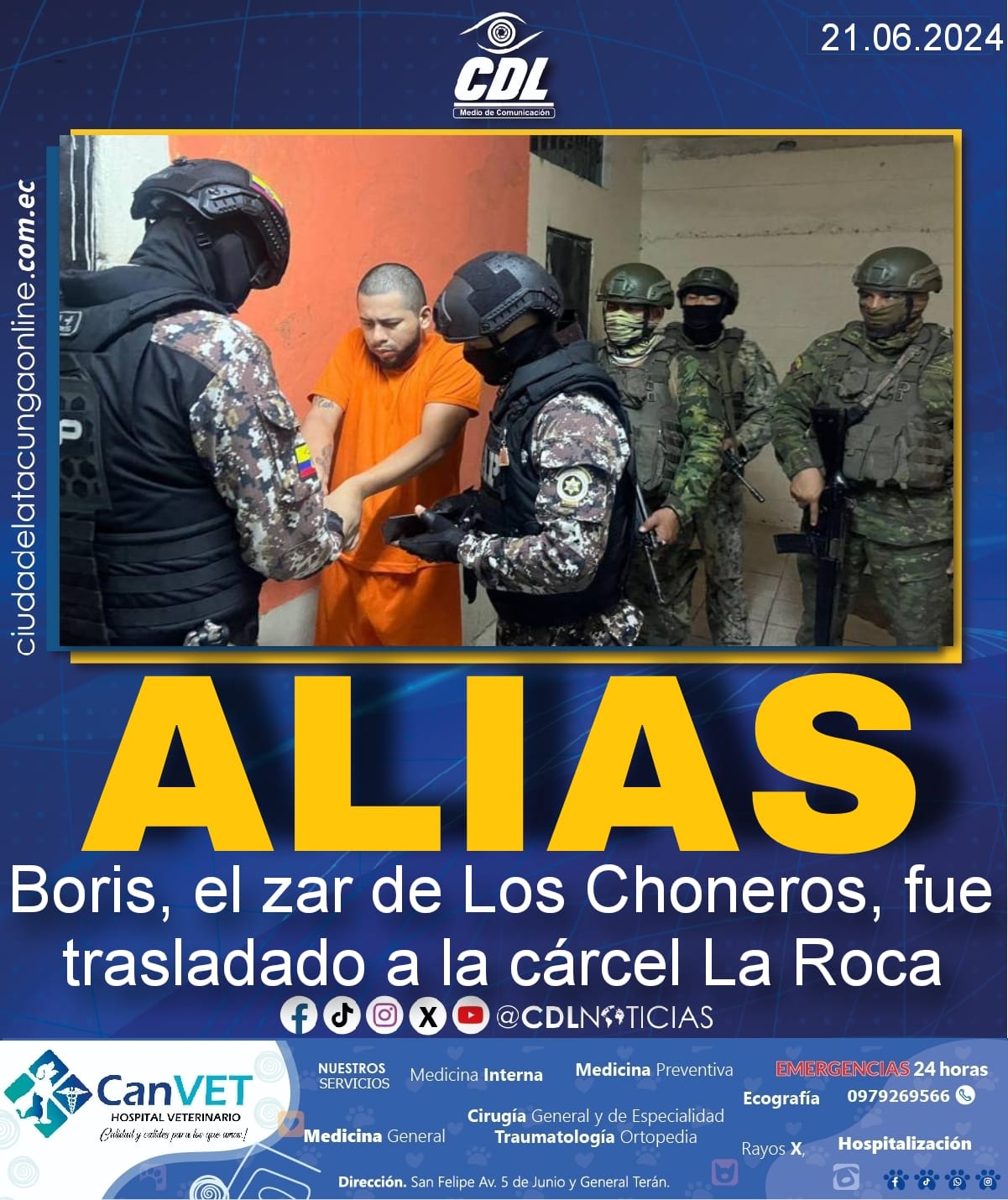 Alias Boris, el zar de Los Choneros, fue trasladado a la cárcel La Roca