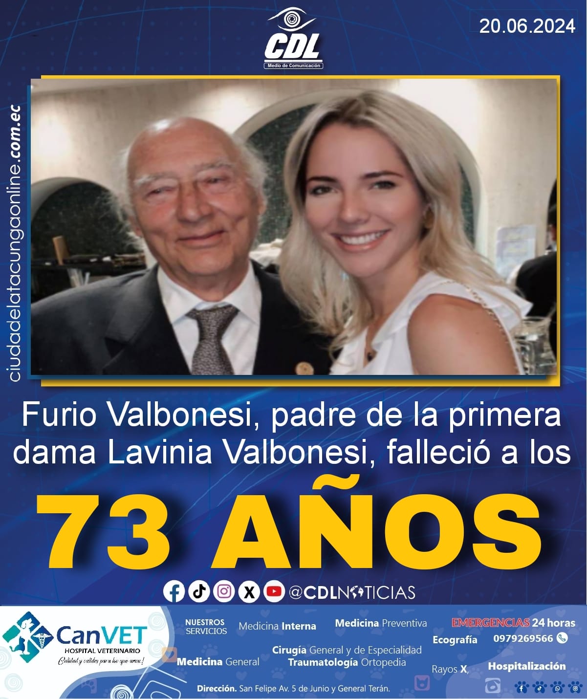 Furio Valbonesi, padre de la primera dama Lavinia Valbonesi, falleció a los 73 años