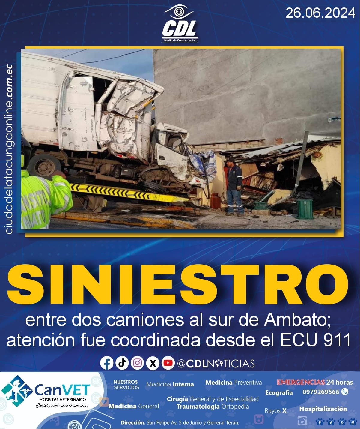 Siniestro entre dos camiones al sur de Ambato; atención fue coordinada desde el ECU 911