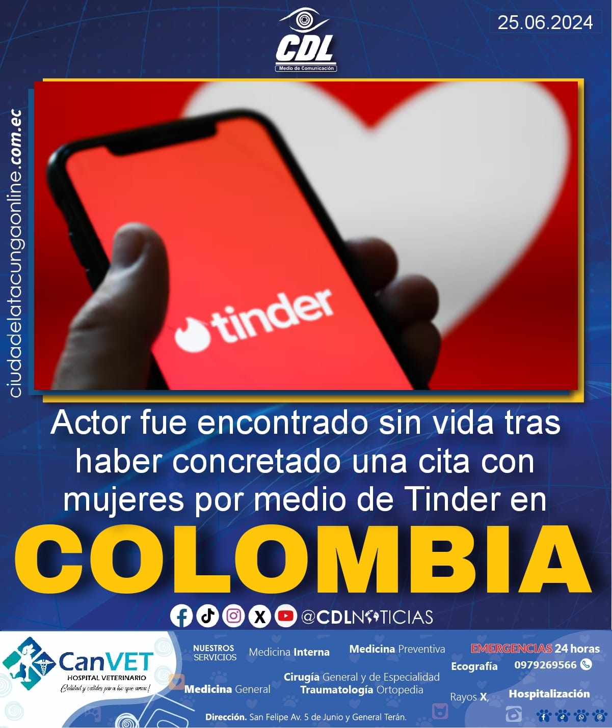 Actor fue encontrado sin vida tras haber concretado una cita con mujeres por medio de Tinder en Colombia