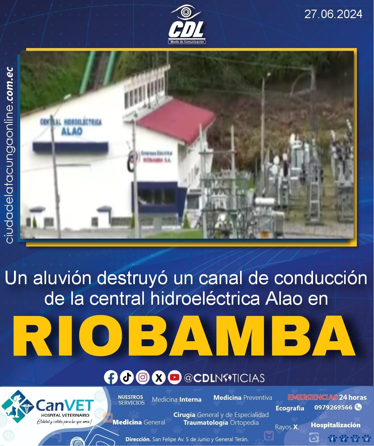 Un aluvión destruyó un canal de conducción de la central hidroeléctrica Alao en Riobamba
