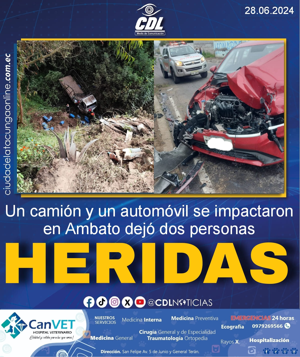 Un camión y un automóvil se impactaron en Ambato dejó dos personas heridas