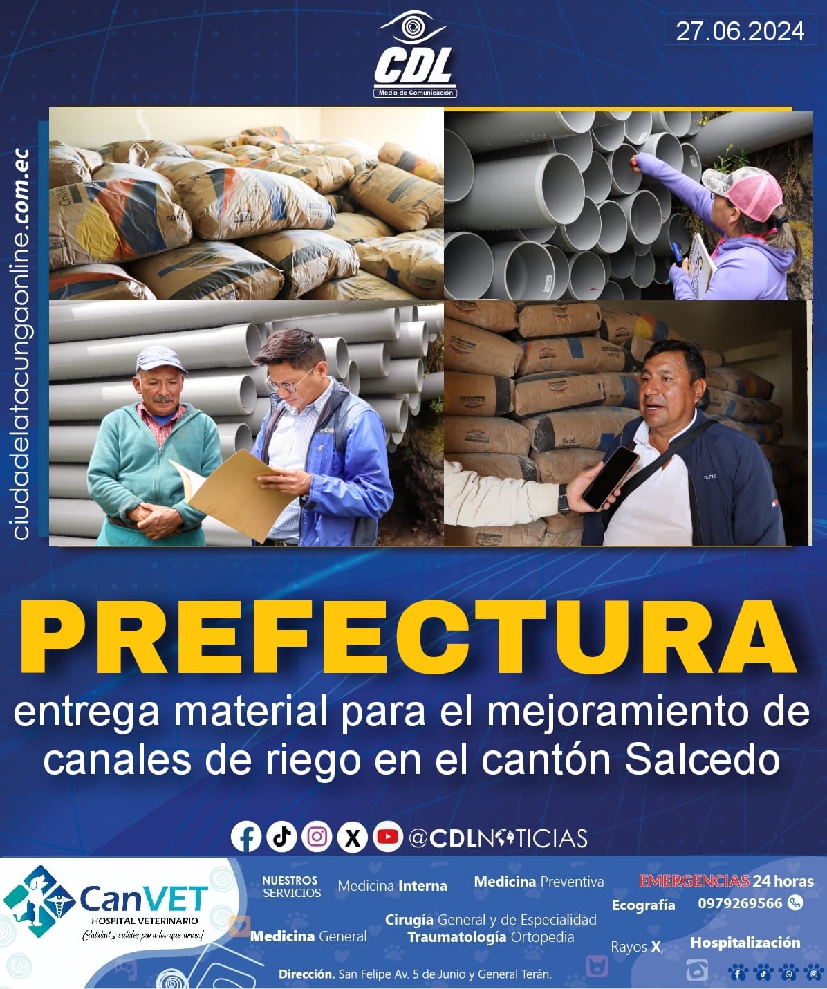 Prefectura entrega material para el mejoramiento de canales de riego en el cantón Salcedo.