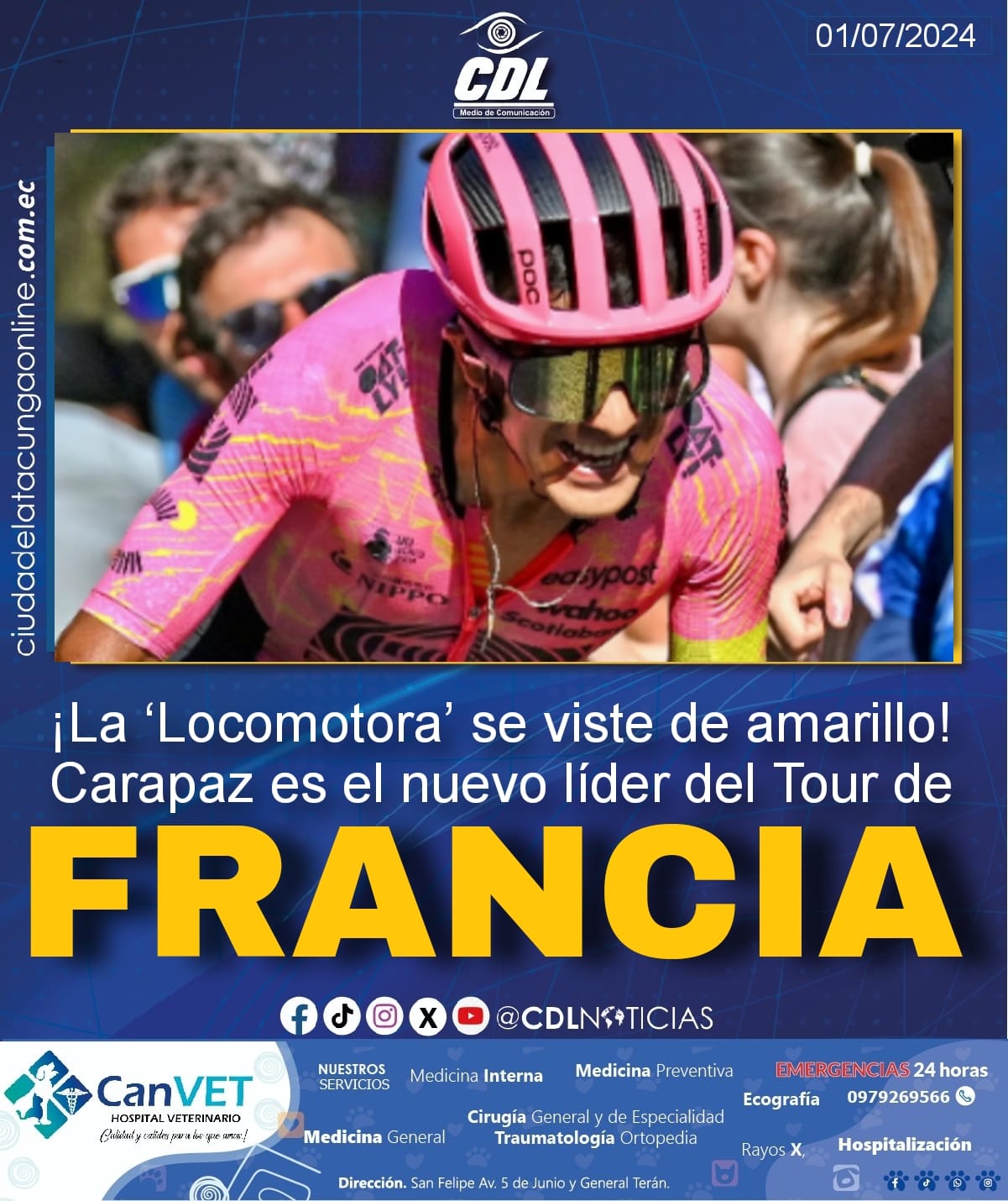 ¡La ‘Locomotora’ se viste de amarillo! Carapaz es el nuevo líder del Tour de Francia