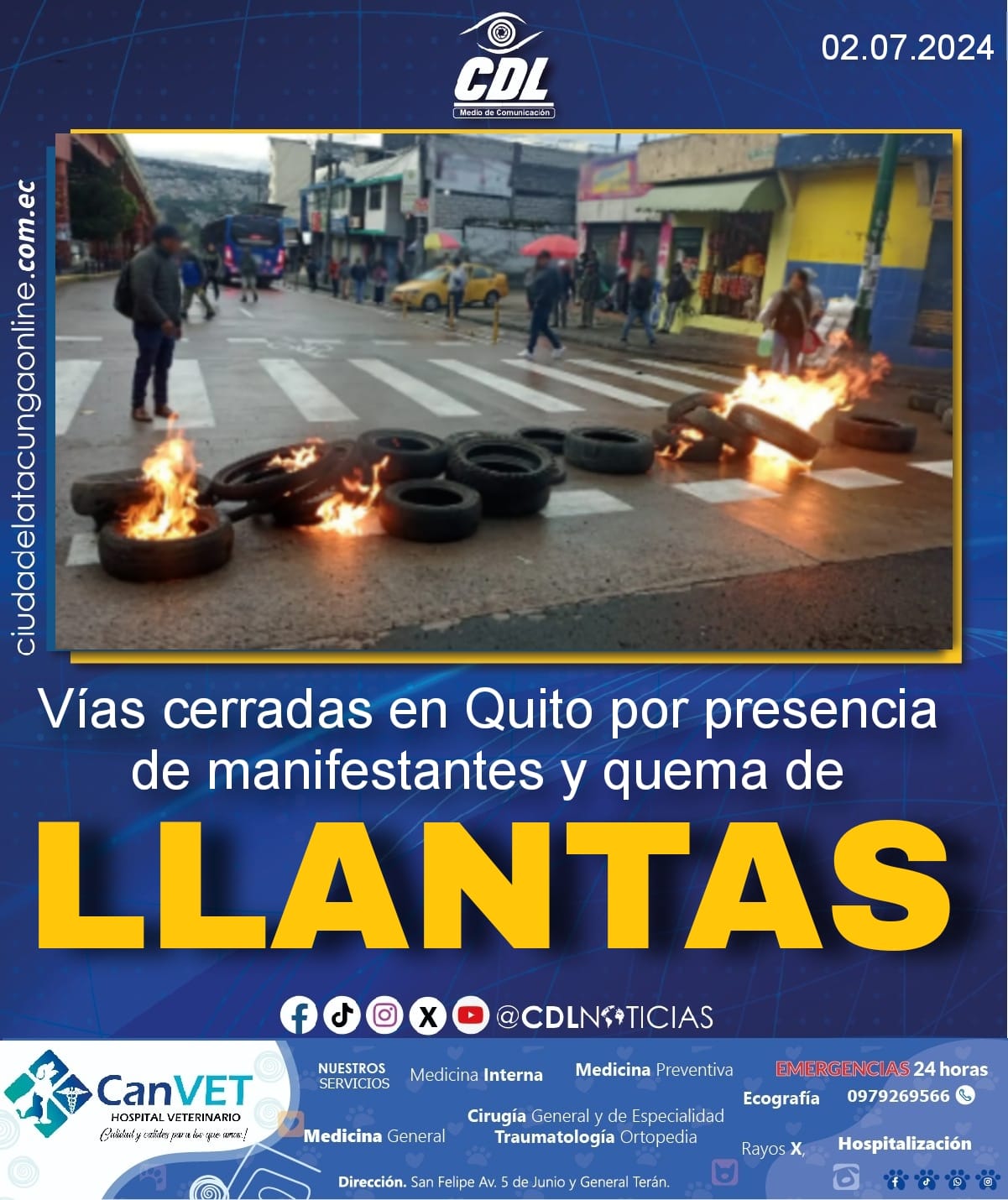 Vías cerradas en Quito por presencia de manifestantes y quema de llantas
