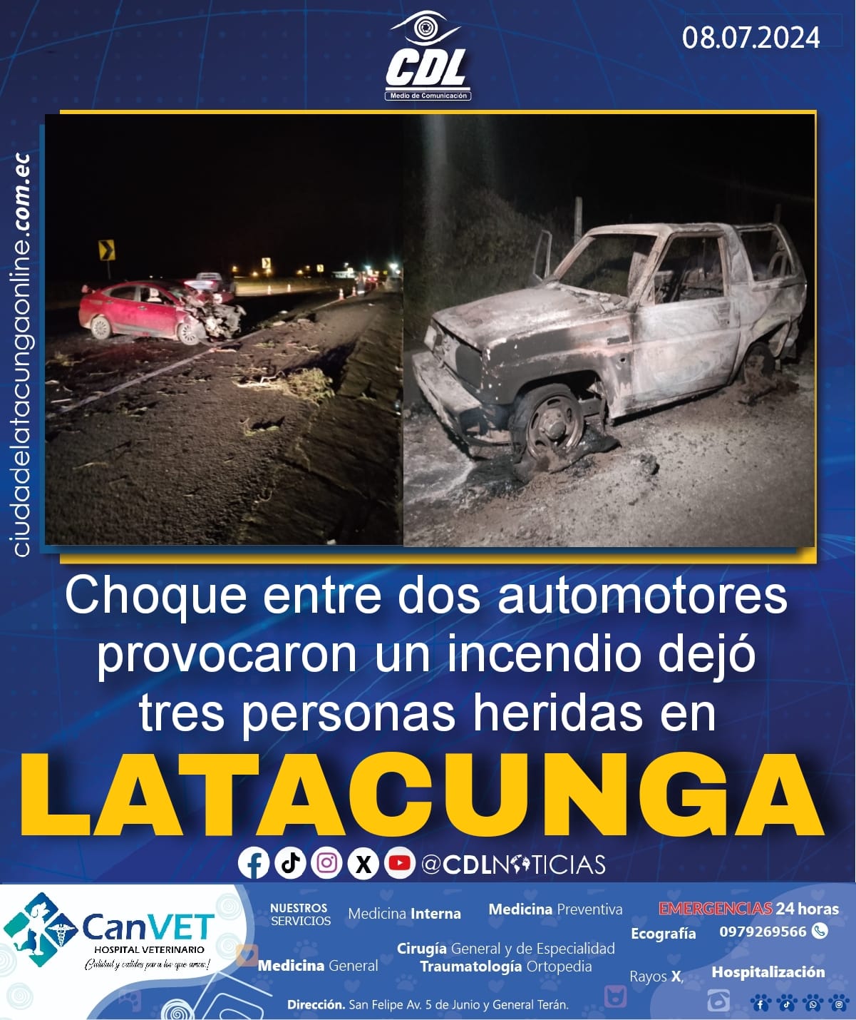 Choque entre dos automotores provocaron un incendio dejó tres personas heridas en Latacunga