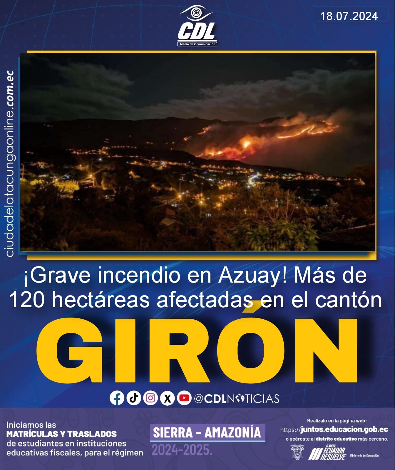 ¡Grave incendio en Azuay! Más de 120 hectáreas afectadas en el cantón Girón