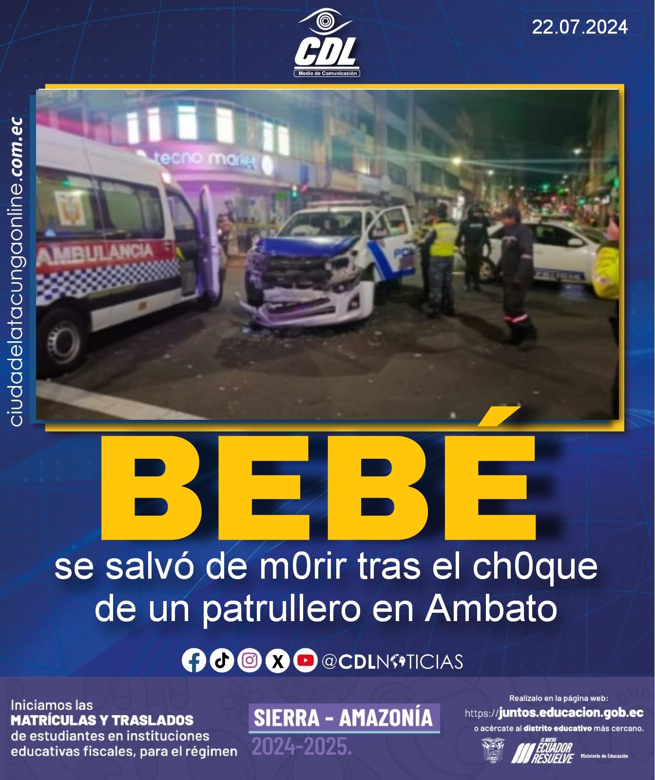 Bebé se salvó de m0rir tras el ch0que de un patrullero en Ambato