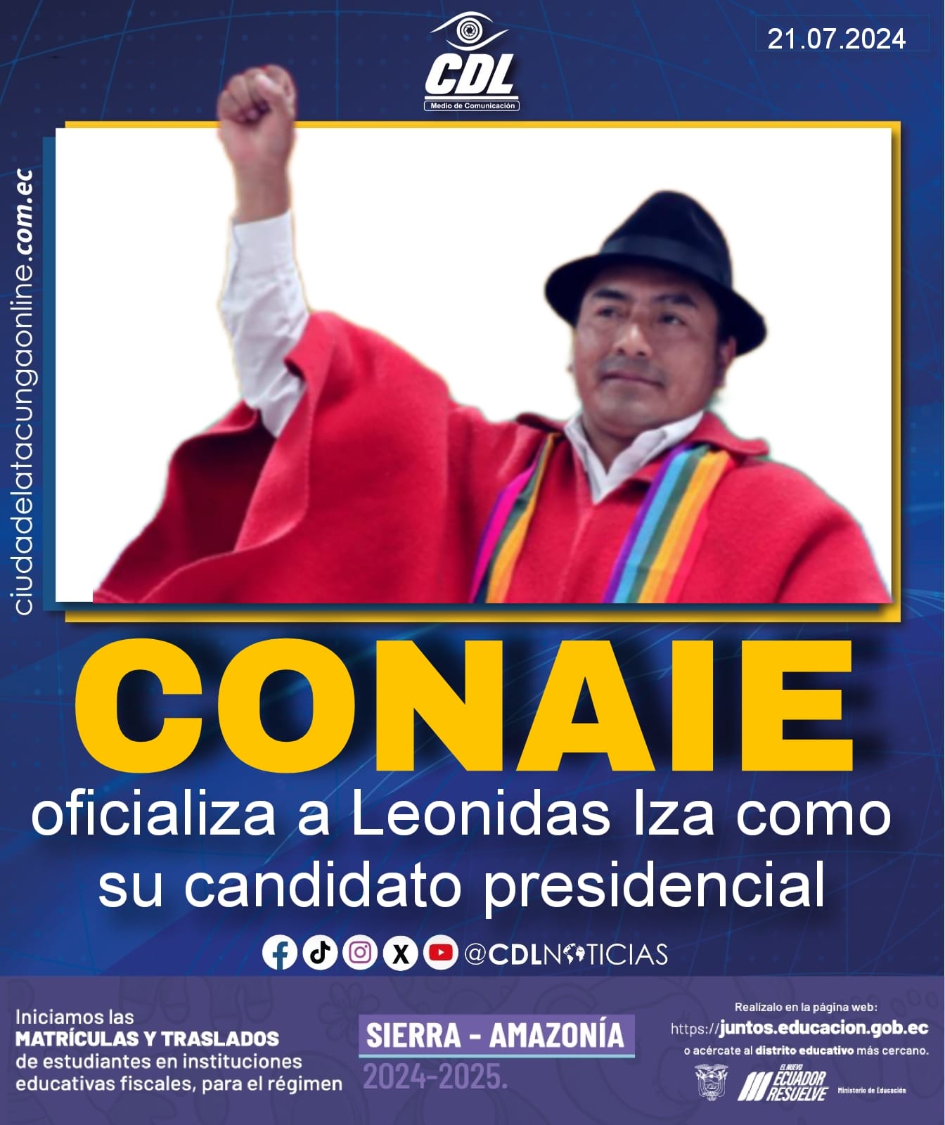 La Conaie oficializa a Leonidas Iza como su candidato presidencial