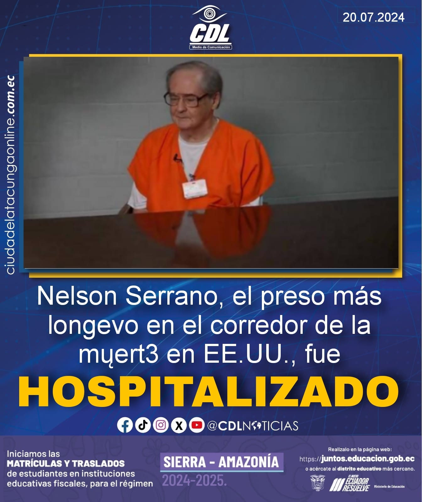 Nelson Serrano, el pr3so más longevo en el corredor de la muert3 en EE.UU., fue hospitalizado