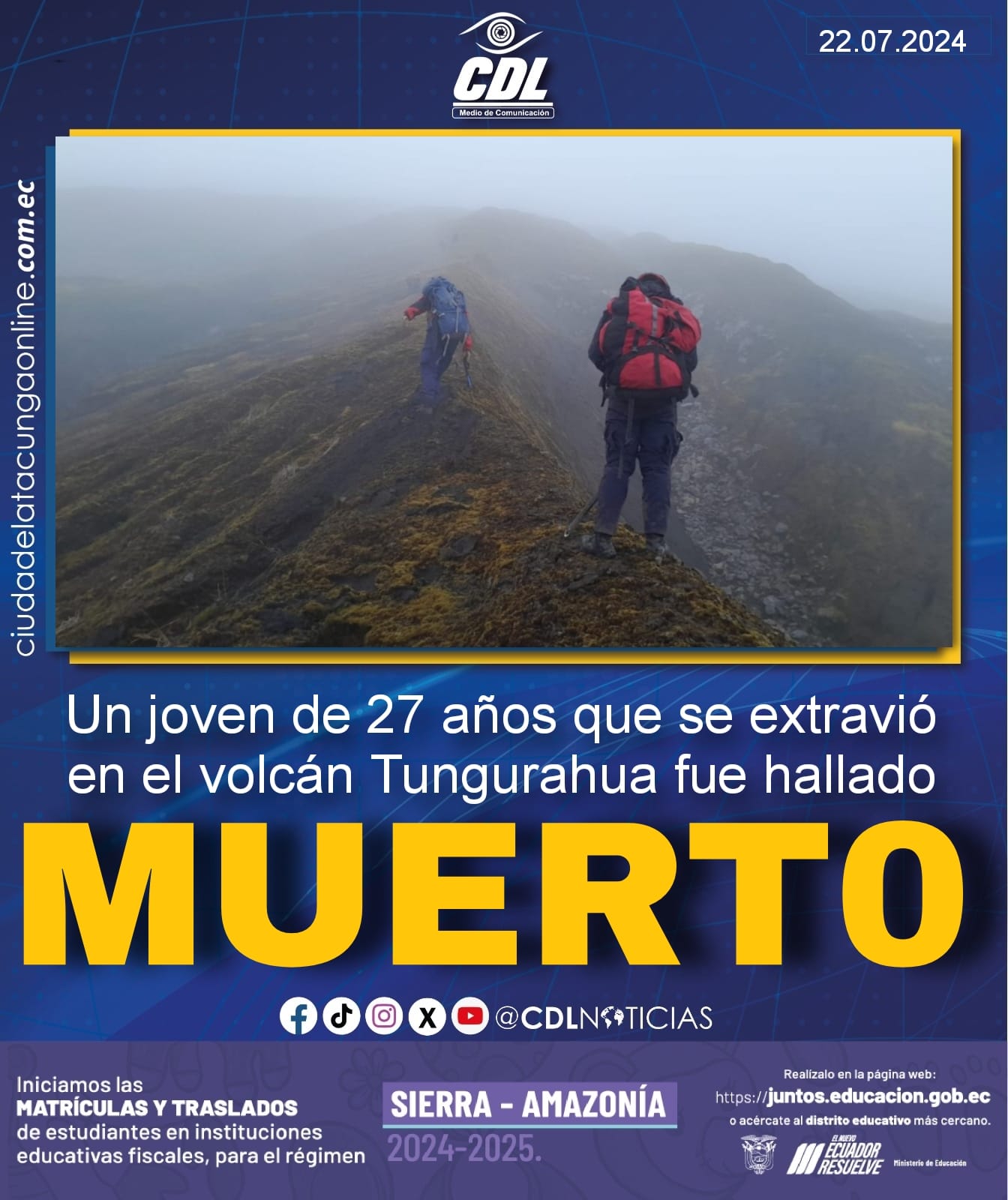 Un joven de 27 años que se extravió en el volcán Tungurahua fue hallado muert0