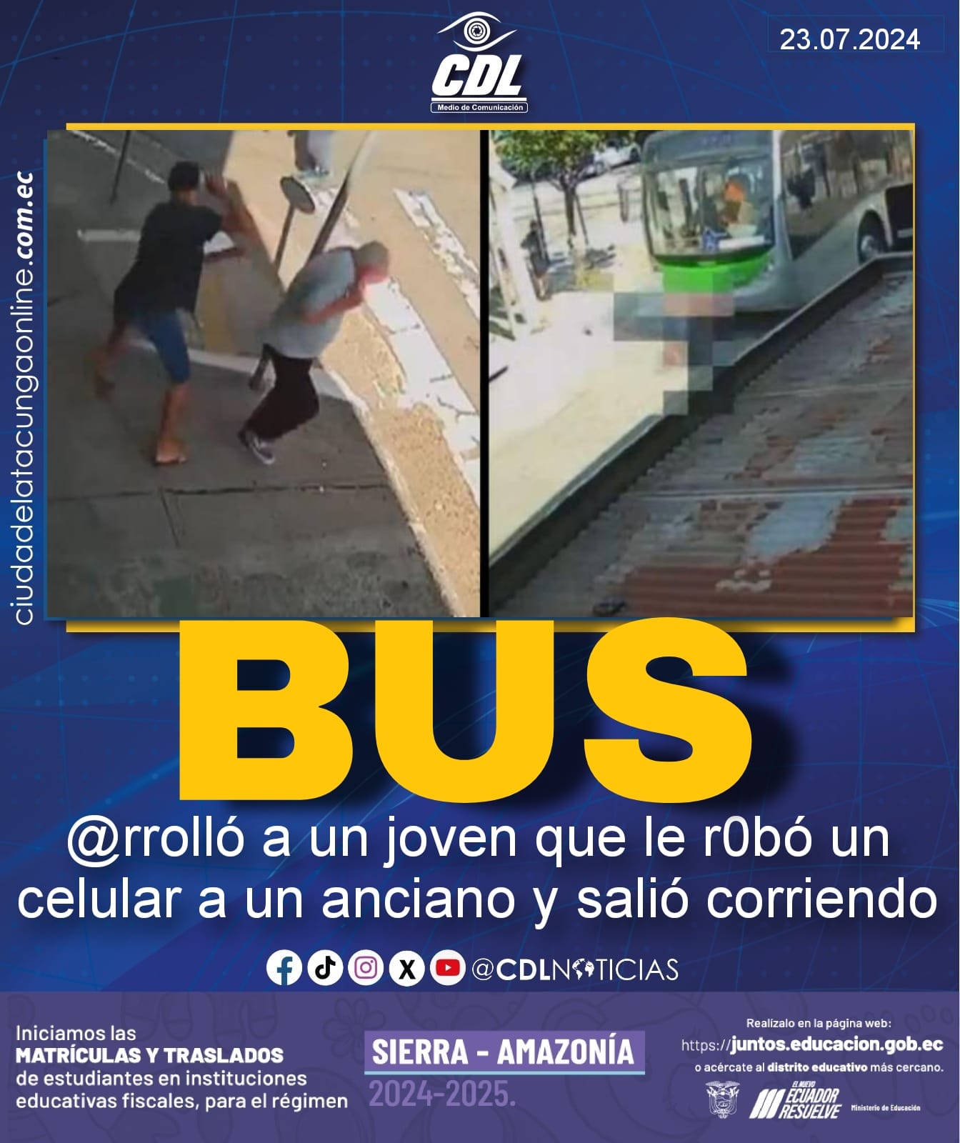 Bus @rrolló a un joven que le r0bó un celular a un anciano y salió corriendo