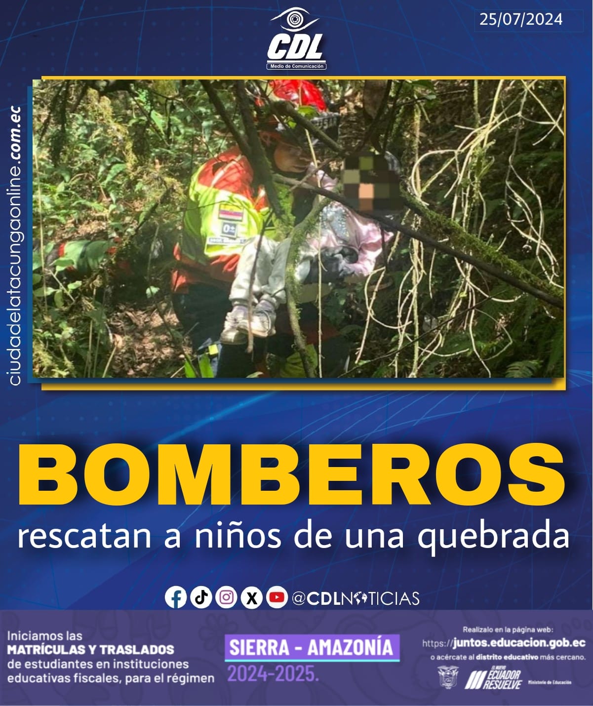 Bomberos rescatan a niños de una quebrada