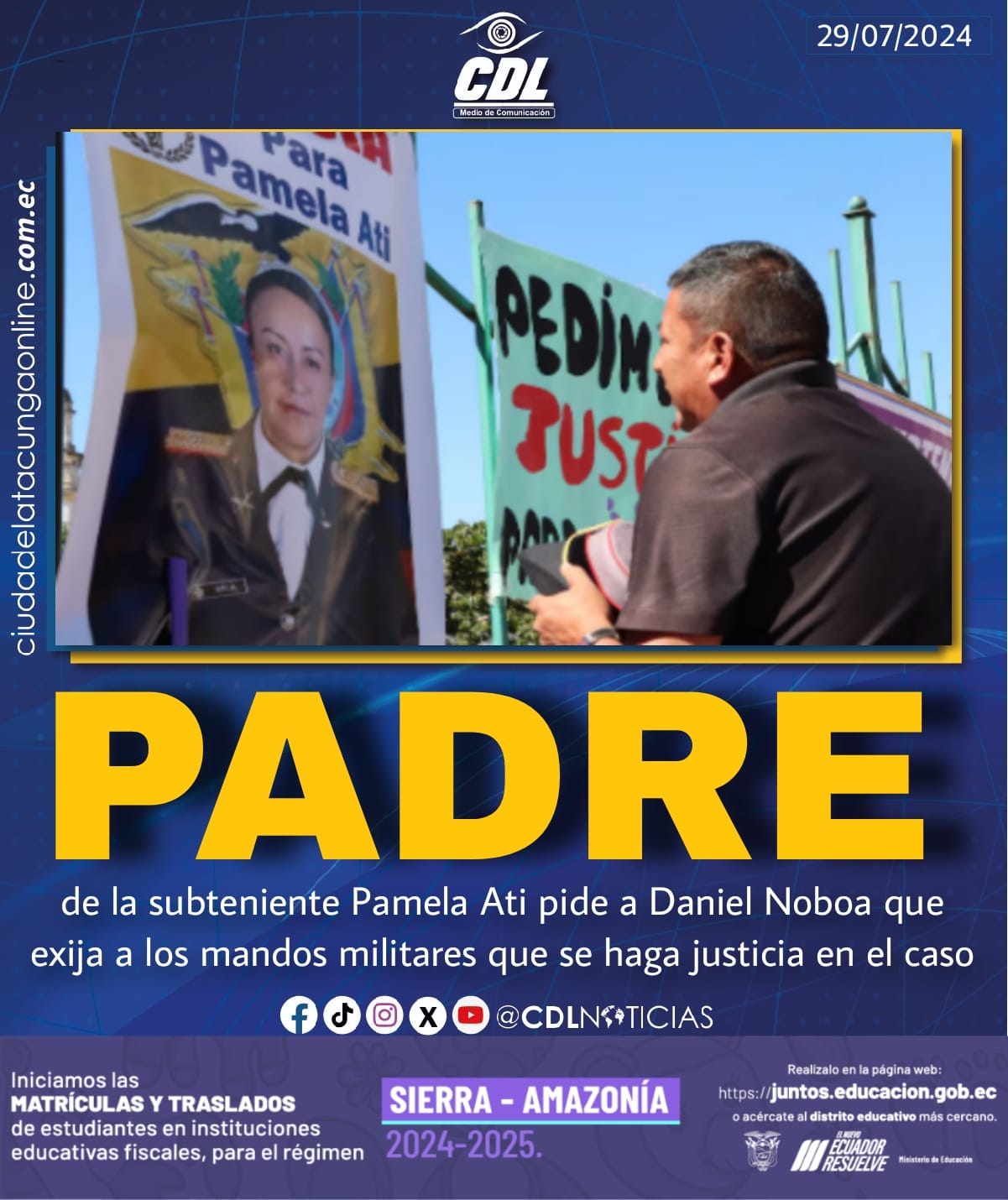 Padre de la subteniente Pamela Ati pide a Daniel Noboa que exija a los mandos militares que se haga justicia en el caso