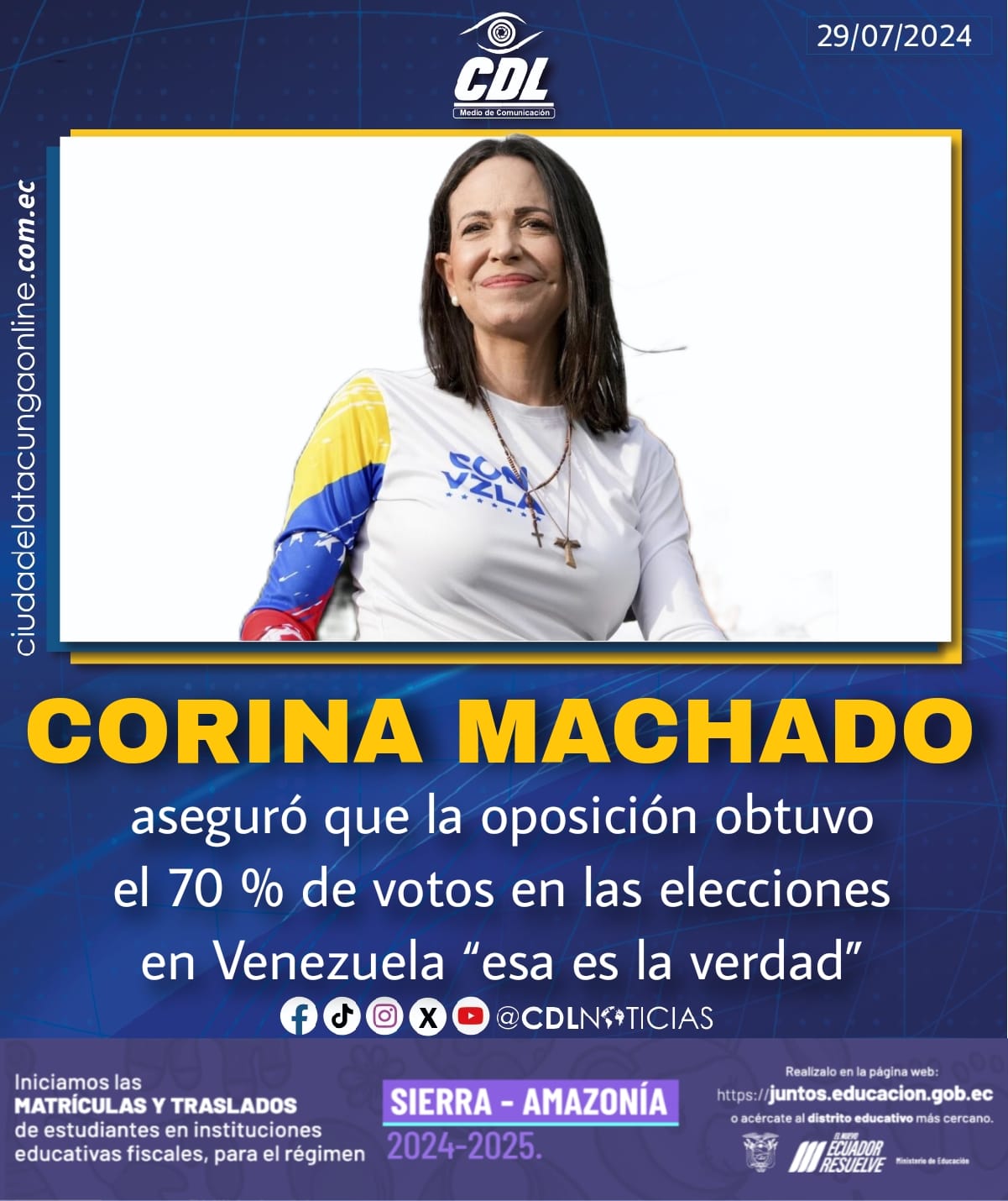 María Corina Machado aseguró que la oposición obtuvo el 70 % de votos en las elecciones en Venezuela “esa es la verdad”