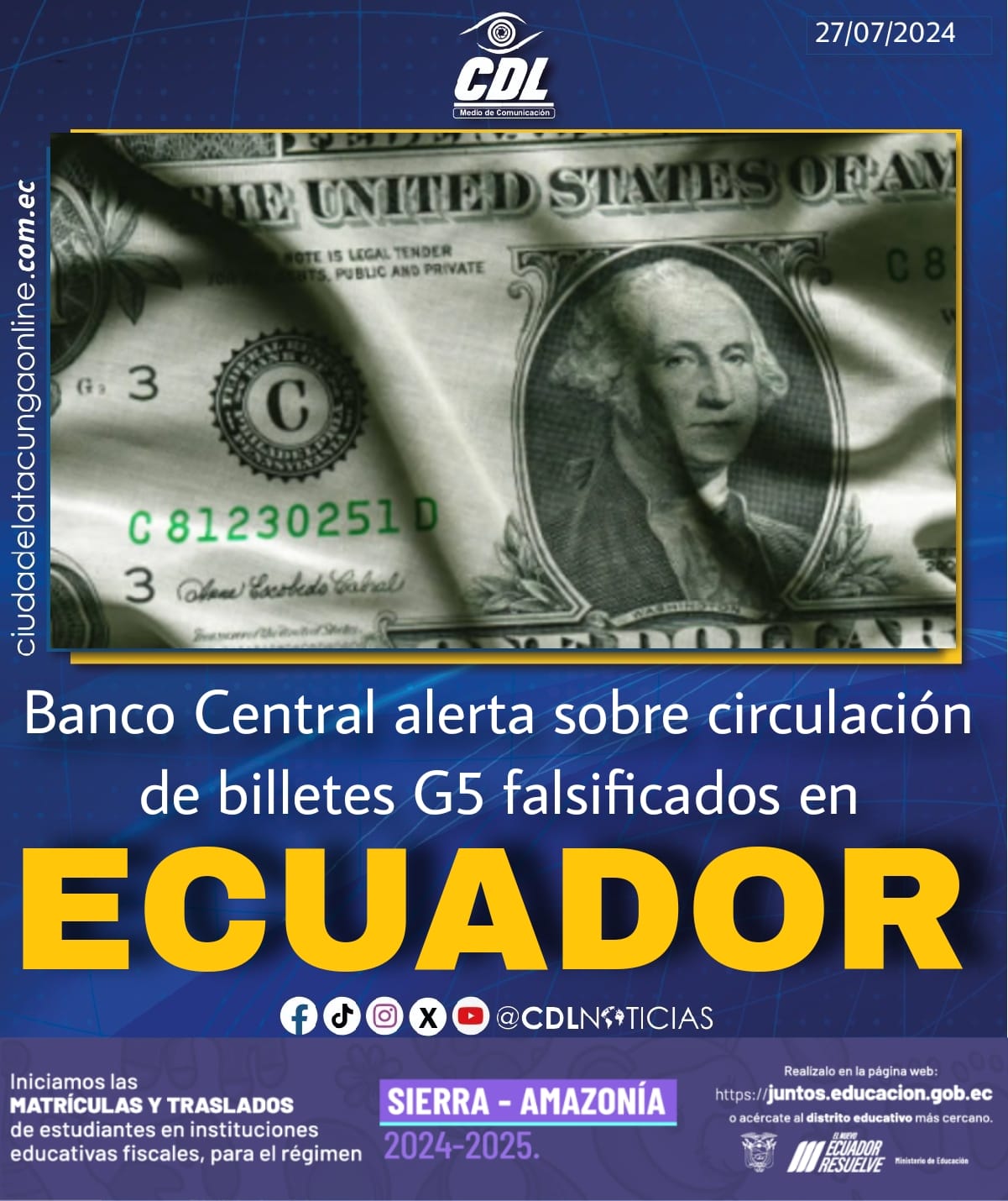 Banco Central alerta sobre circulación de billetes G5 falsificad0s en Ecuador