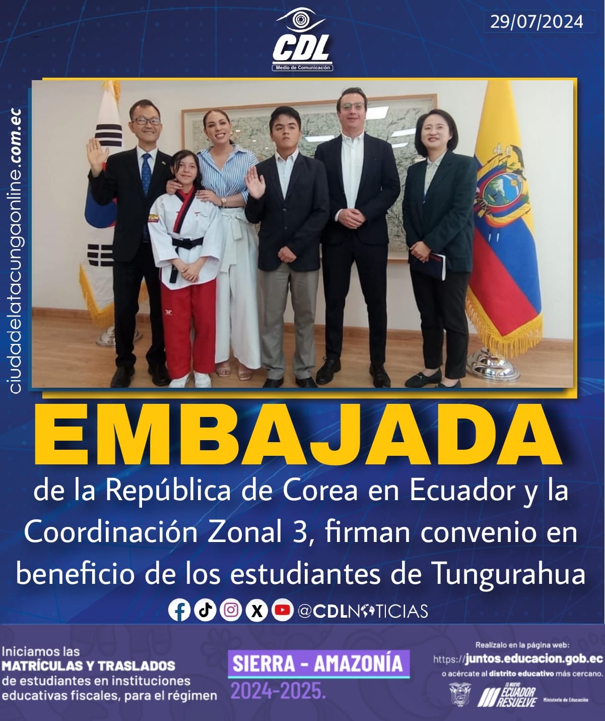 Embajada de la República de Corea en Ecuador y la Coordinación Zonal 3, firman convenio en beneficio de los estudiantes de Tungurahua